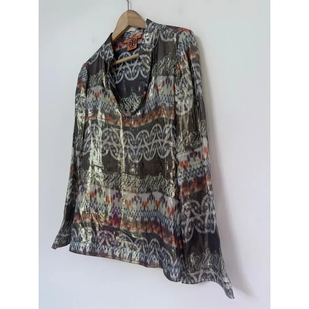 TORY BURCH purple orange green aztec print metallic silk long sleeve top blouse